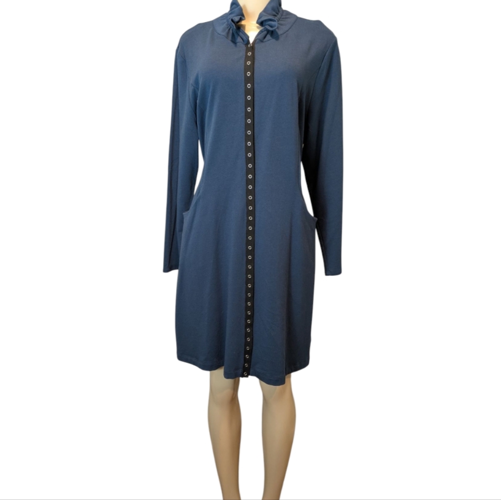 Chalet Blue Jersey Knit Snap Button Front Drawstring Back Longsleeve Dress Small - Picture 4 of 17